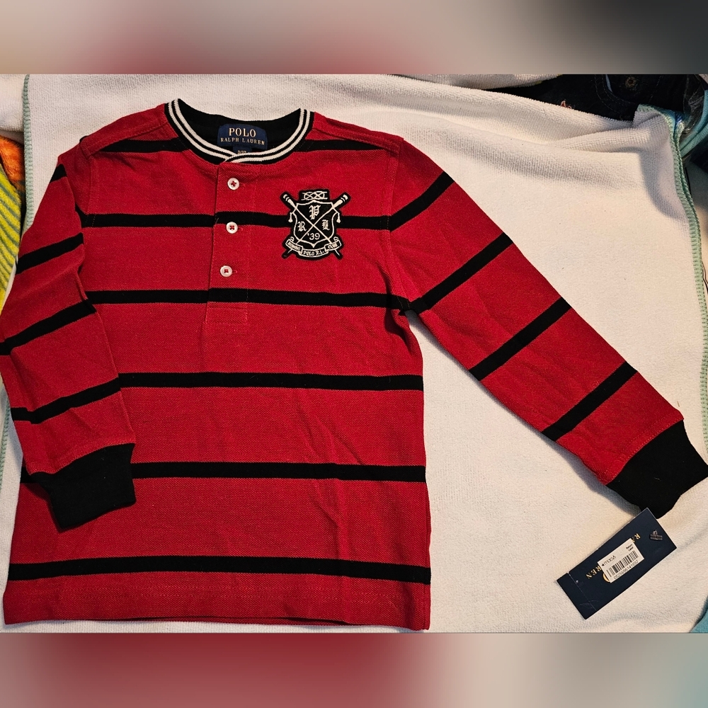 Polo Ralph Lauren Size 3/3T Red & Black Long Sleeve Cotton Henley, NEW WITH TAG!